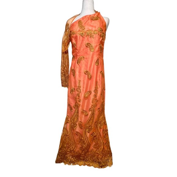 One Shoulder Elaborate Gown Guilded Embroidery Orange Special Event Indian M - Picture 1 of 15